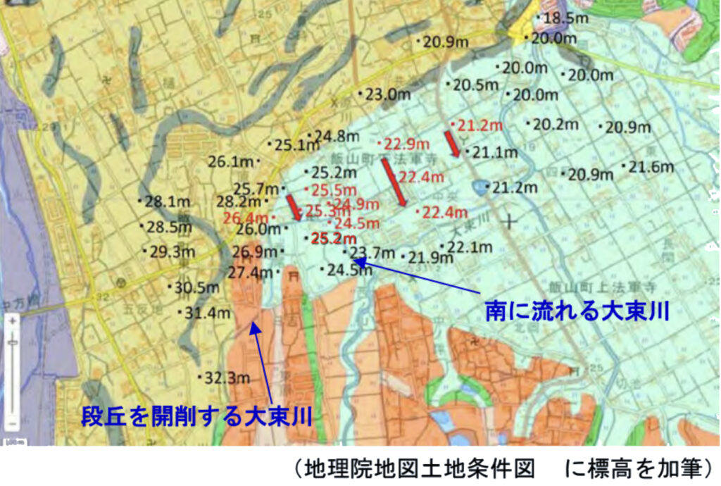 段丘を開削する大束川。地理院地図土地条件図に標高を加筆。（讃岐ジオパーク構想推進準備委員会より）